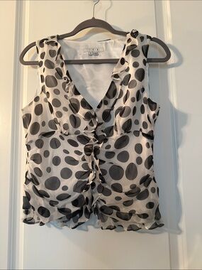 Ice Polka Dot Ruffle V-Neck Sleeveless Top - Black on White Sz M